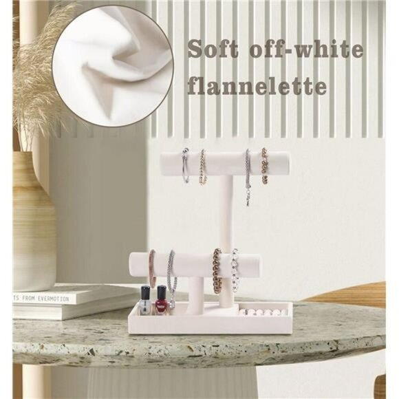 Velvet Jewelry Organizer Stand Bracelet Necklace Holder with Ring Tray Beige - Picture 6 of 8